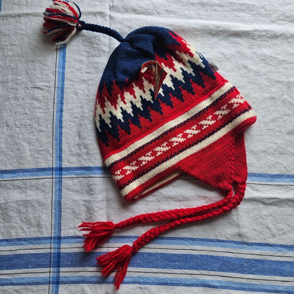 NWT Aardvark 100% Wool Ski Tops Hat Red/White/Blue-One Size